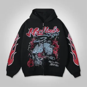 Blavra Retro Hellfire Death Skull Graphic Print Zip-Up Hoodie