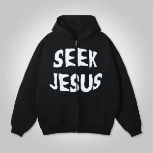 Blavra Vintage Seek Jesus Graphic Hip Hop Oversized Zip Up Hoodie