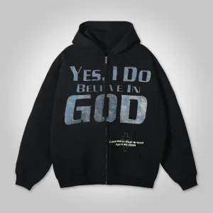 Blavra Vintage Yes Believe In God Graphic Loose Velvet Pocket Zip Hoodie