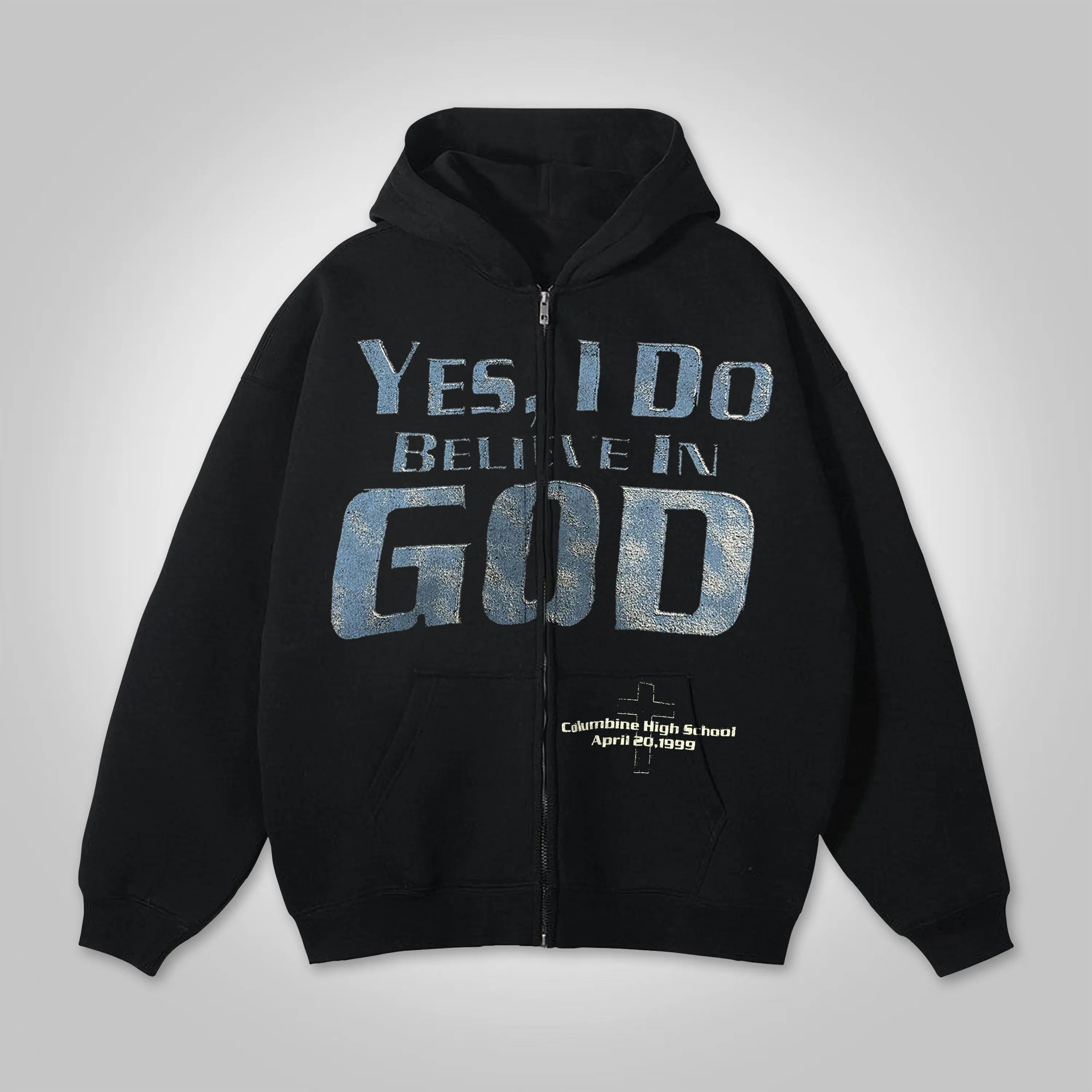 Blavra Vintage Yes Believe In God Graphic Loose Velvet Pocket Zip Hoodie