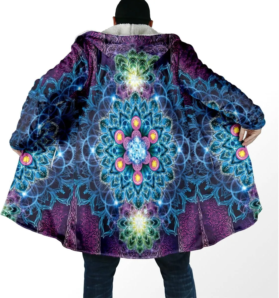 BLOOM Mandala Psychedelic 3D Print Dream Cloak Thick Warm Hooded Men Overcoat Windproof Fleece Jacket