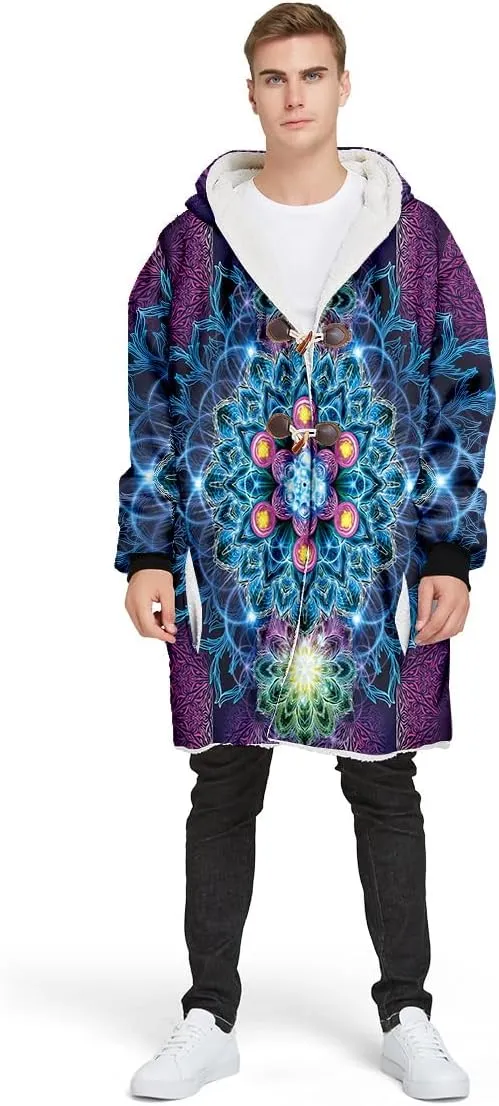 BLOOM Mandala Psychedelic 3D Print Dream Cloak Thick Warm Hooded Men Overcoat Windproof Fleece Jacket