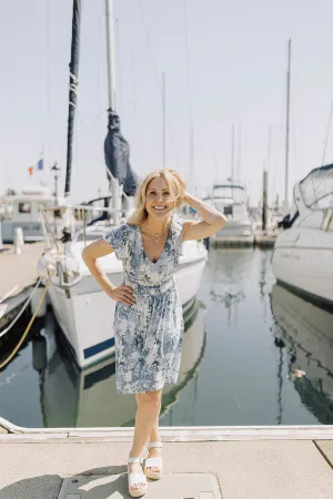 Blue Watercolor Floral Flutter Sleeve Dress