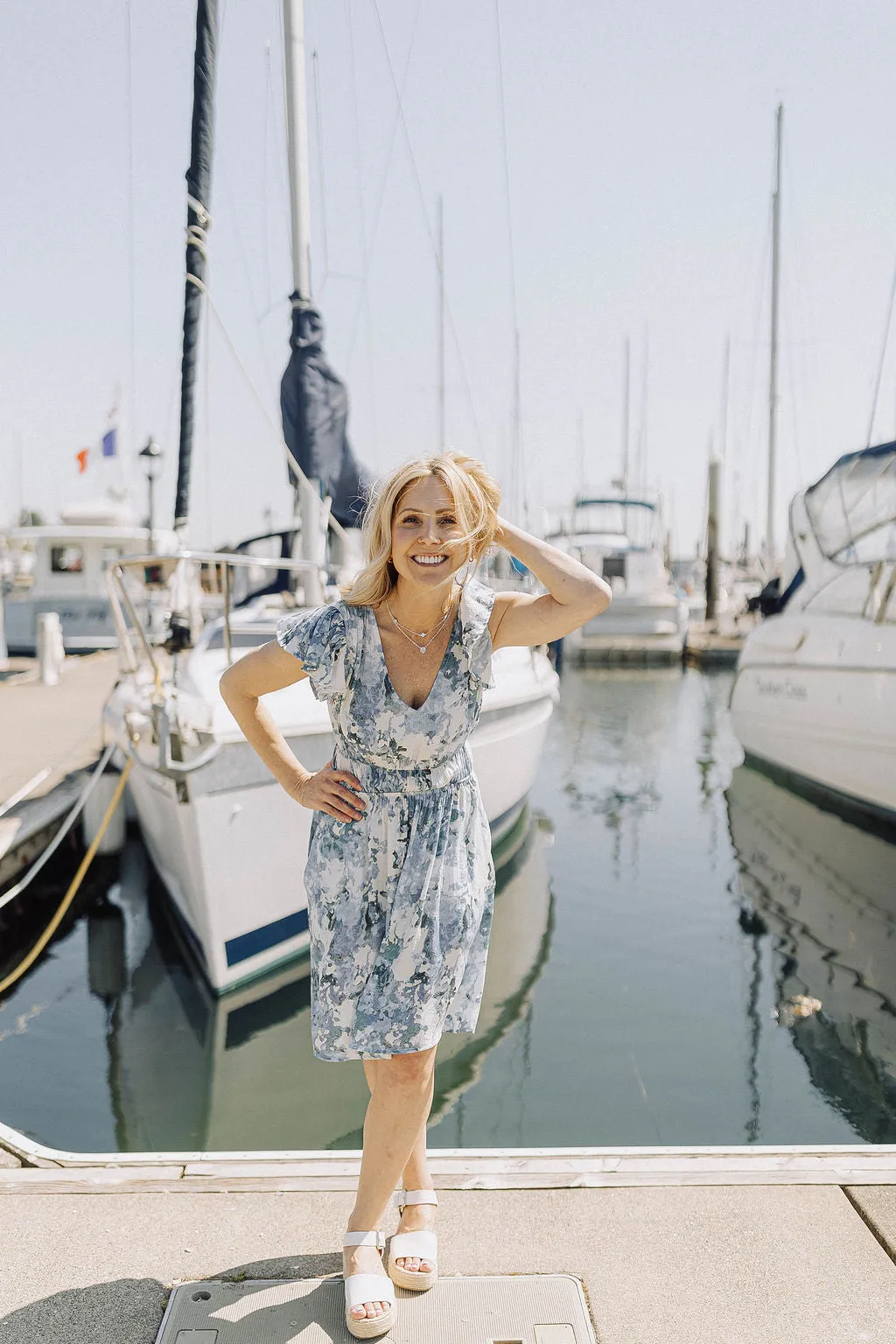Blue Watercolor Floral Flutter Sleeve Dress