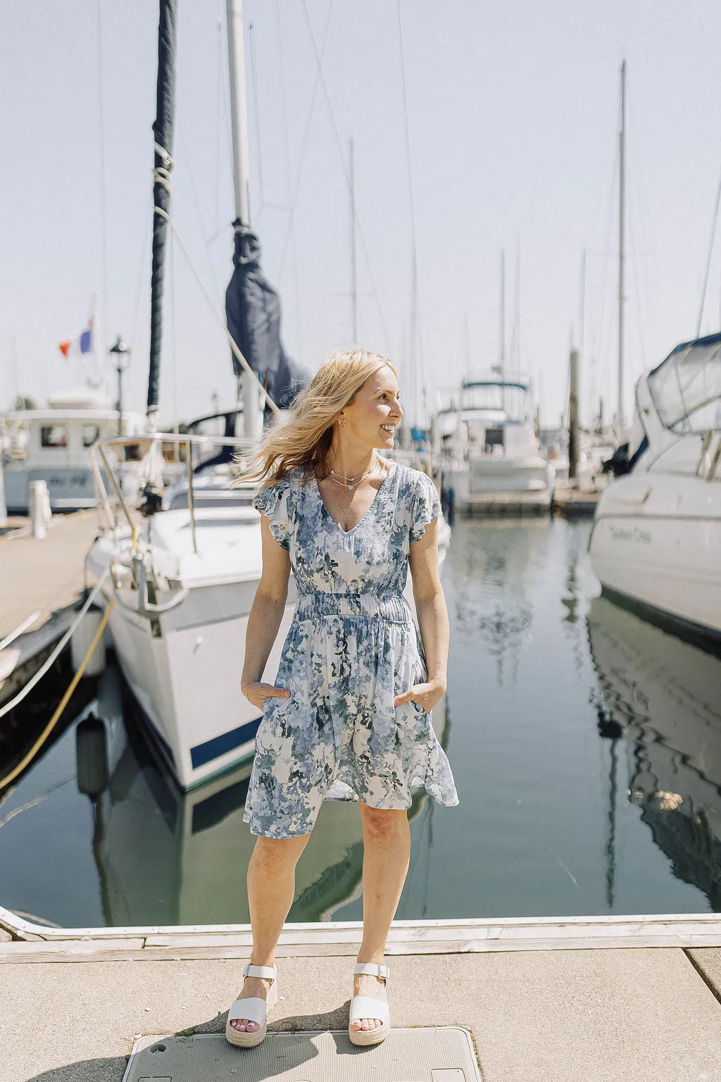 Blue Watercolor Floral Flutter Sleeve Dress