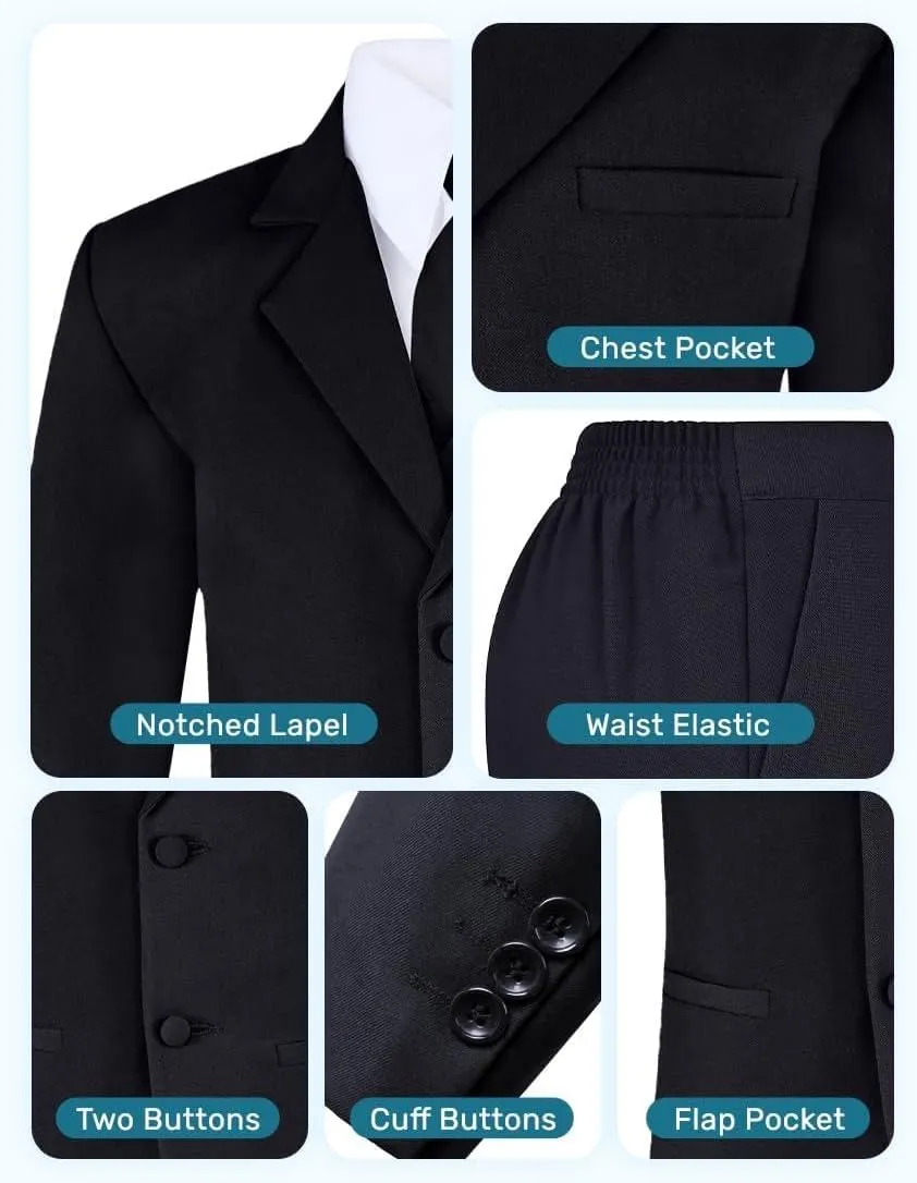 Boy's 6-Piece Formal Suit Set  Includes Suit Jacket, Comfort Waist Dress Pants, Vest, Dress Shirt, Necktie & Bow Tie