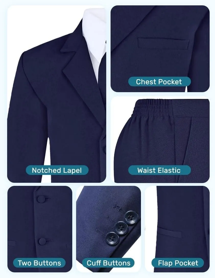 Boy's 6-Piece Formal Suit Set  Includes Suit Jacket, Comfort Waist Dress Pants, Vest, Dress Shirt, Necktie & Bow Tie