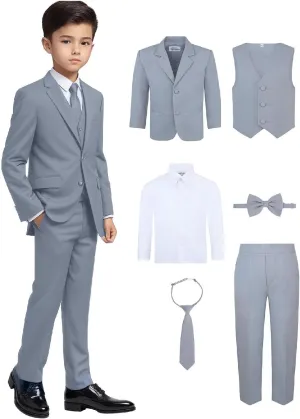 Boy's 6-Piece Formal Suit Set  Includes Suit Jacket, Comfort Waist Dress Pants, Vest, Dress Shirt, Necktie & Bow Tie