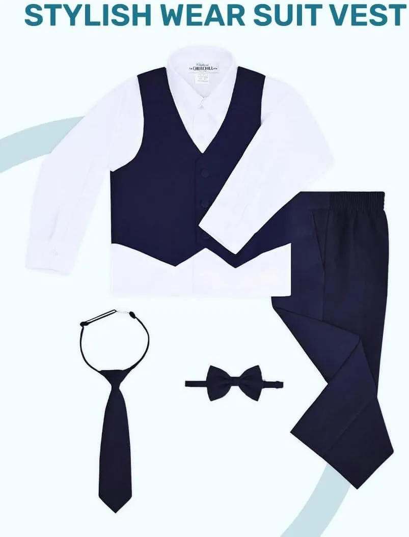 Boy's 6-Piece Formal Suit Set  Includes Suit Jacket, Comfort Waist Dress Pants, Vest, Dress Shirt, Necktie & Bow Tie