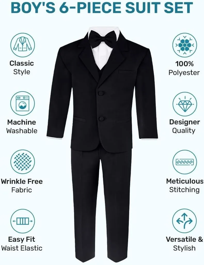 Boy's 6-Piece Formal Suit Set  Includes Suit Jacket, Comfort Waist Dress Pants, Vest, Dress Shirt, Necktie & Bow Tie