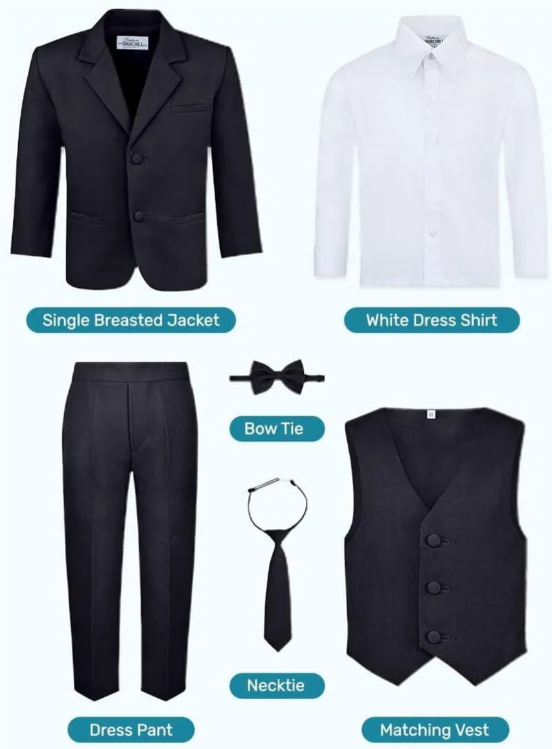 Boy's 6-Piece Formal Suit Set  Includes Suit Jacket, Comfort Waist Dress Pants, Vest, Dress Shirt, Necktie & Bow Tie