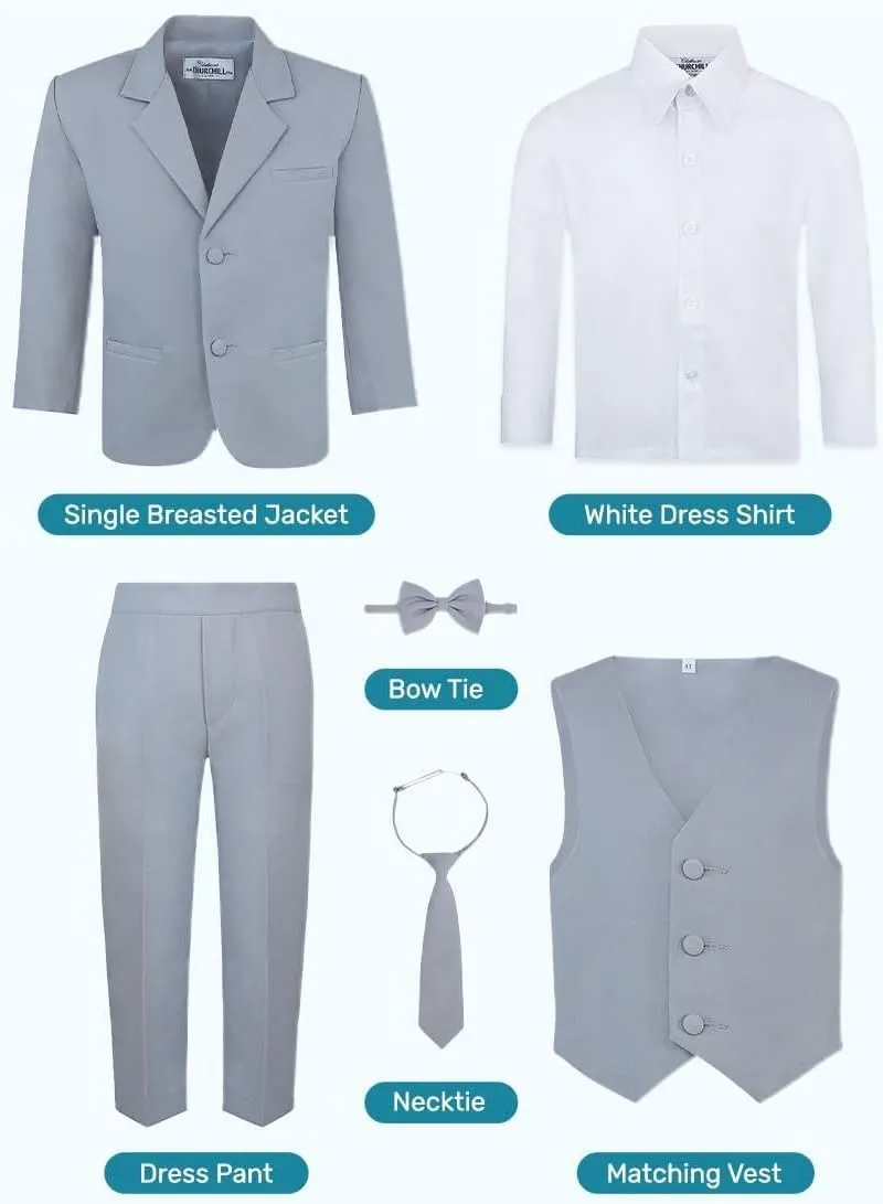 Boy's 6-Piece Formal Suit Set  Includes Suit Jacket, Comfort Waist Dress Pants, Vest, Dress Shirt, Necktie & Bow Tie