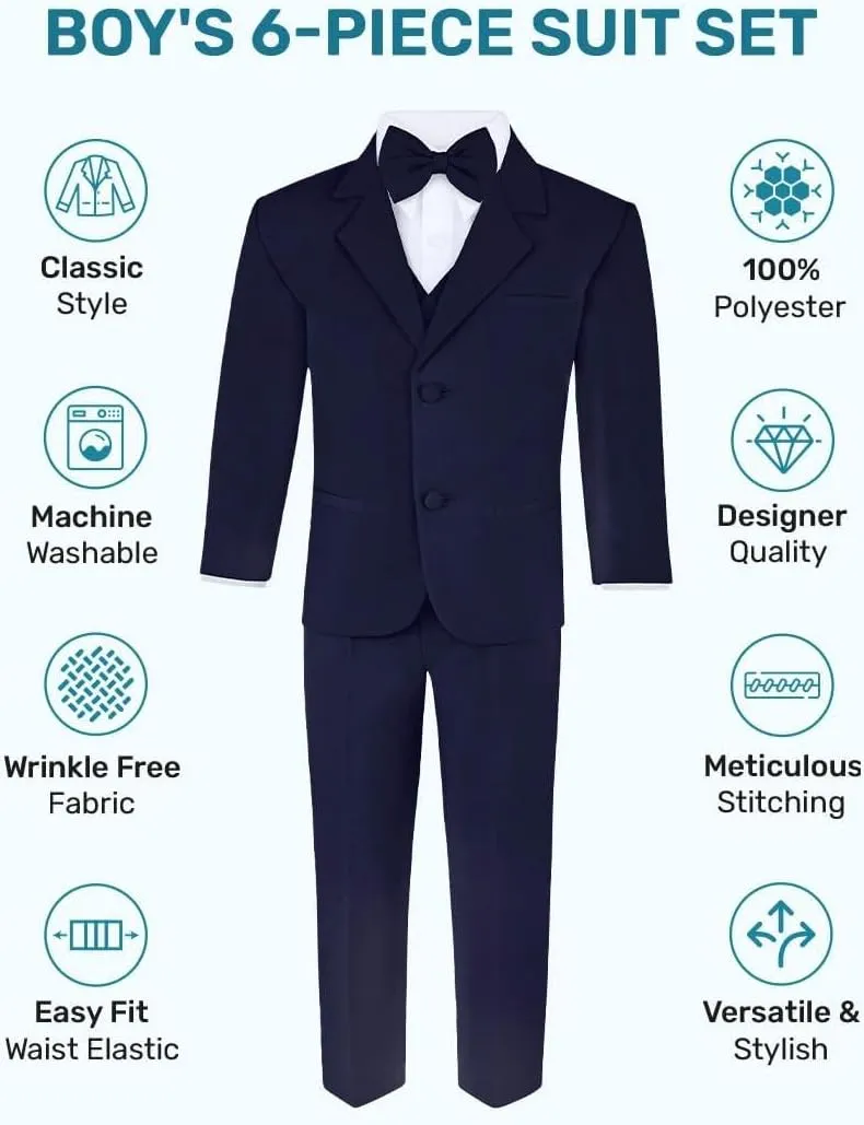 Boy's 6-Piece Formal Suit Set  Includes Suit Jacket, Comfort Waist Dress Pants, Vest, Dress Shirt, Necktie & Bow Tie