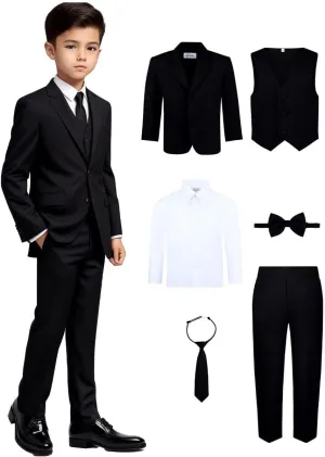 Boy's 6-Piece Formal Suit Set  Includes Suit Jacket, Comfort Waist Dress Pants, Vest, Dress Shirt, Necktie & Bow Tie