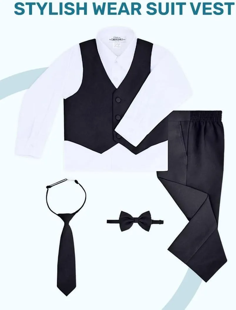 Boy's 6-Piece Formal Suit Set  Includes Suit Jacket, Comfort Waist Dress Pants, Vest, Dress Shirt, Necktie & Bow Tie