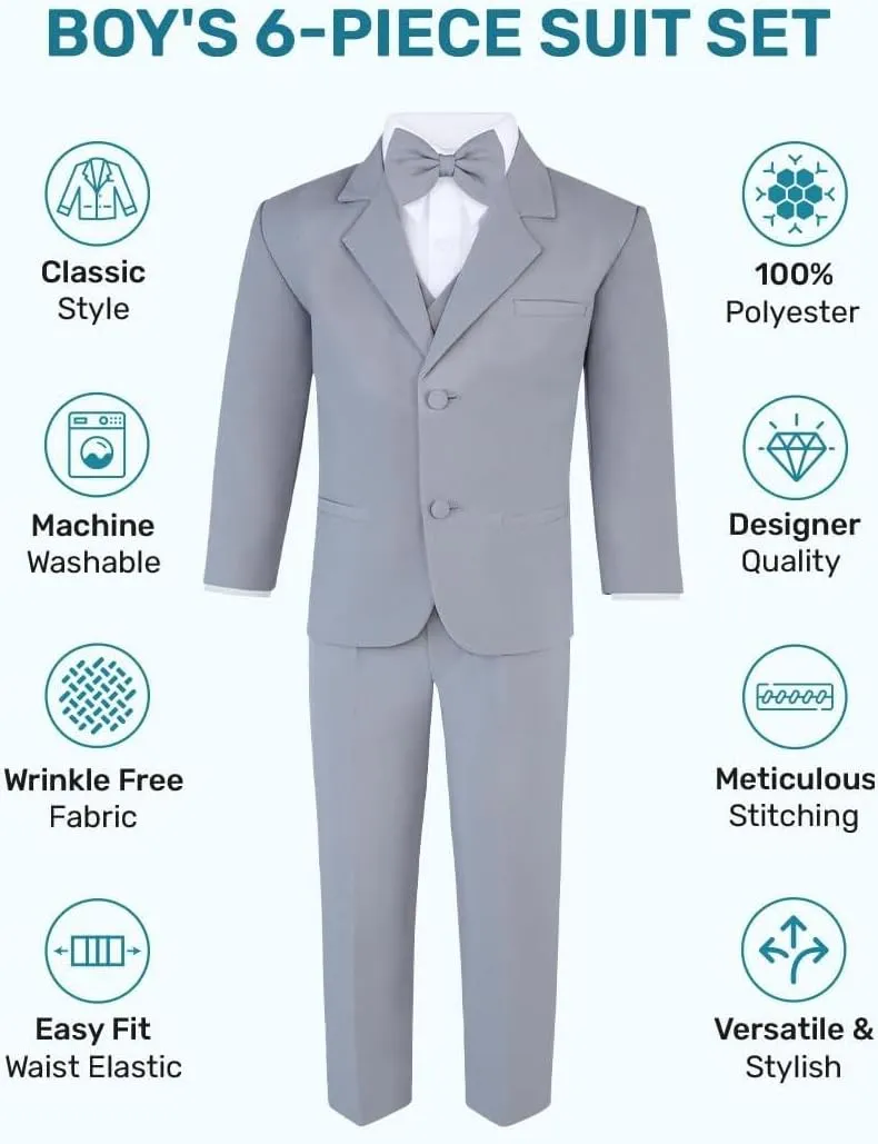 Boy's 6-Piece Formal Suit Set  Includes Suit Jacket, Comfort Waist Dress Pants, Vest, Dress Shirt, Necktie & Bow Tie