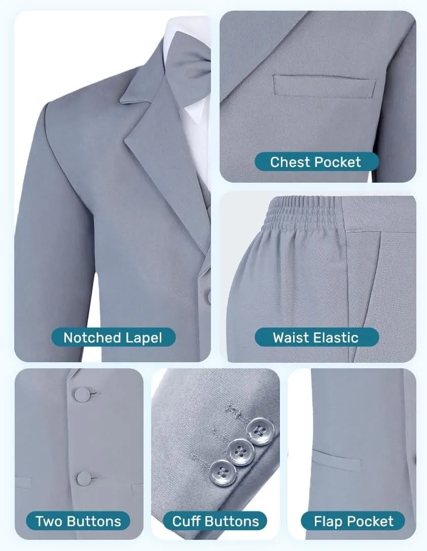 Boy's 6-Piece Formal Suit Set  Includes Suit Jacket, Comfort Waist Dress Pants, Vest, Dress Shirt, Necktie & Bow Tie