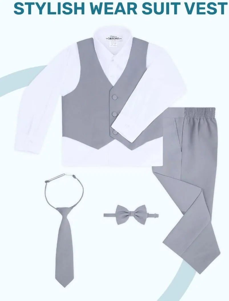 Boy's 6-Piece Formal Suit Set  Includes Suit Jacket, Comfort Waist Dress Pants, Vest, Dress Shirt, Necktie & Bow Tie