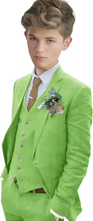 Boys Linen Suit Boys Tuxedo Slim Fit 3 Piece Summer Suit Kids Linen Suit Jacket Vest Pant
