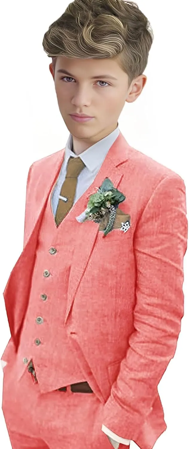 Boys Linen Suit Boys Tuxedo Slim Fit 3 Piece Summer Suit Kids Linen Suit Jacket Vest Pant