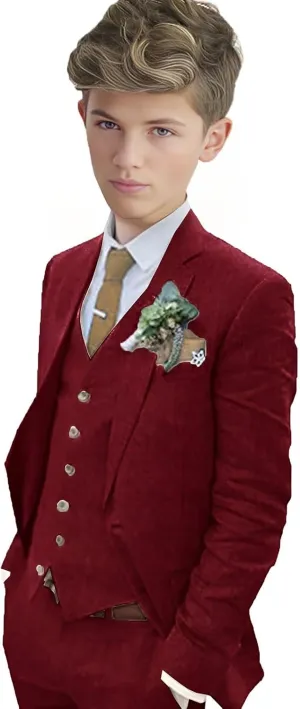 Boys Linen Suit Boys Tuxedo Slim Fit 3 Piece Summer Suit Kids Linen Suit Jacket Vest Pant