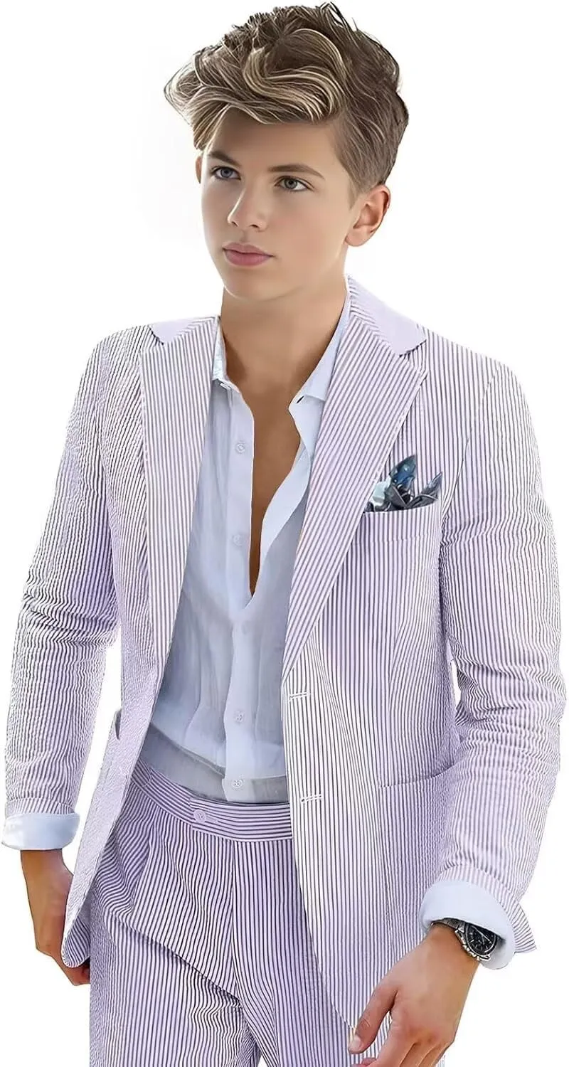 Boys Seersucker Suit 2 Piece Tuxedo for Boys Striped Blazer Pants Boys Summer Beach Wedding Suit