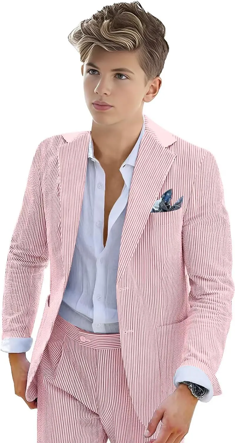 Boys Seersucker Suit 2 Piece Tuxedo for Boys Striped Blazer Pants Boys Summer Beach Wedding Suit