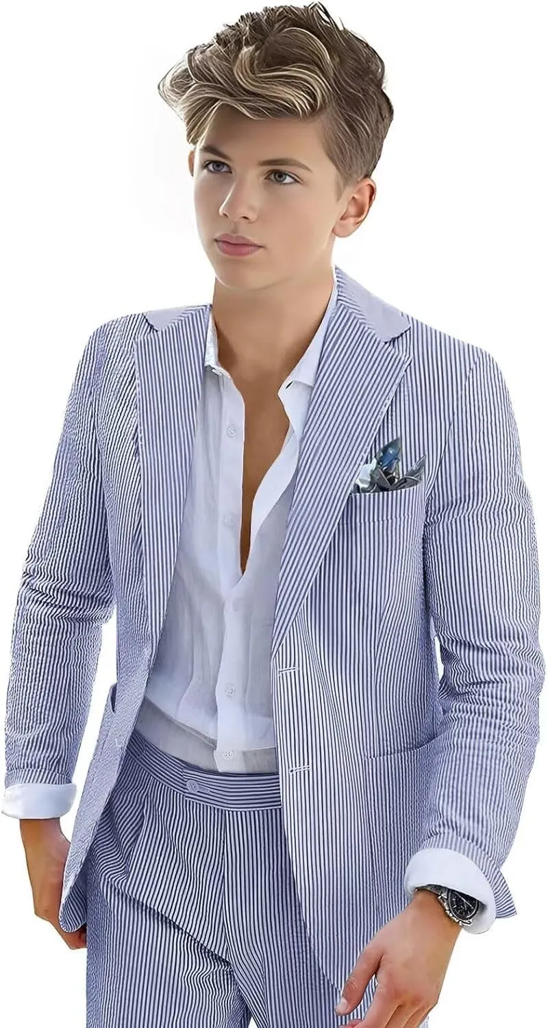 Boys Seersucker Suit 2 Piece Tuxedo for Boys Striped Blazer Pants Boys Summer Beach Wedding Suit