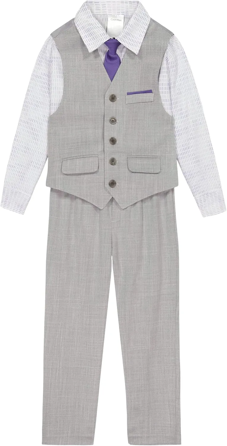 Calvin Klein Boys' 4-Piece Formal Suit Set, Vest, Pants, Collared Dress Shirt, and Tie