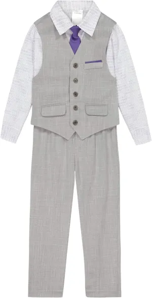 Calvin Klein Boys' 4-Piece Formal Suit Set, Vest, Pants, Collared Dress Shirt, and Tie