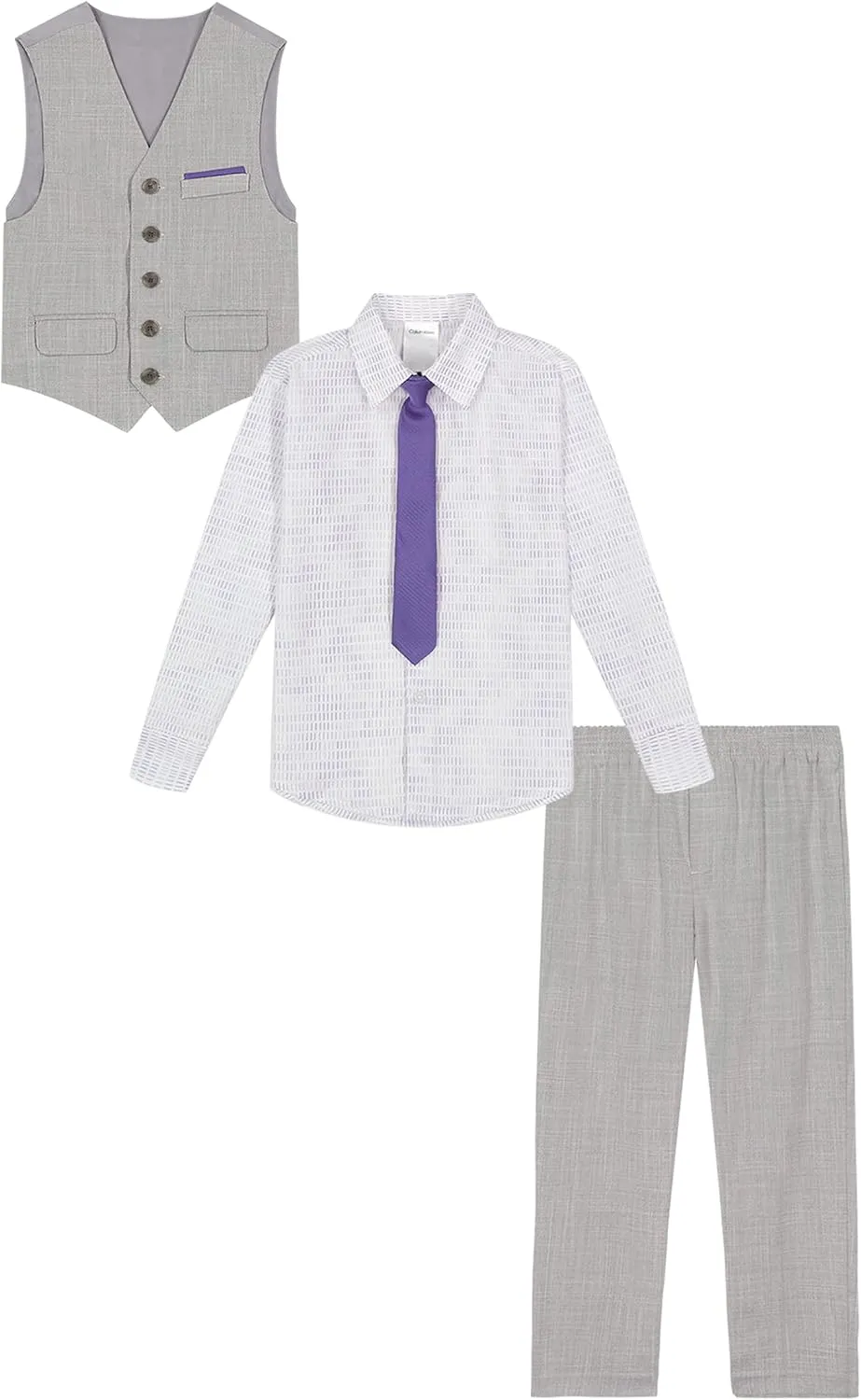 Calvin Klein Boys' 4-Piece Formal Suit Set, Vest, Pants, Collared Dress Shirt, and Tie