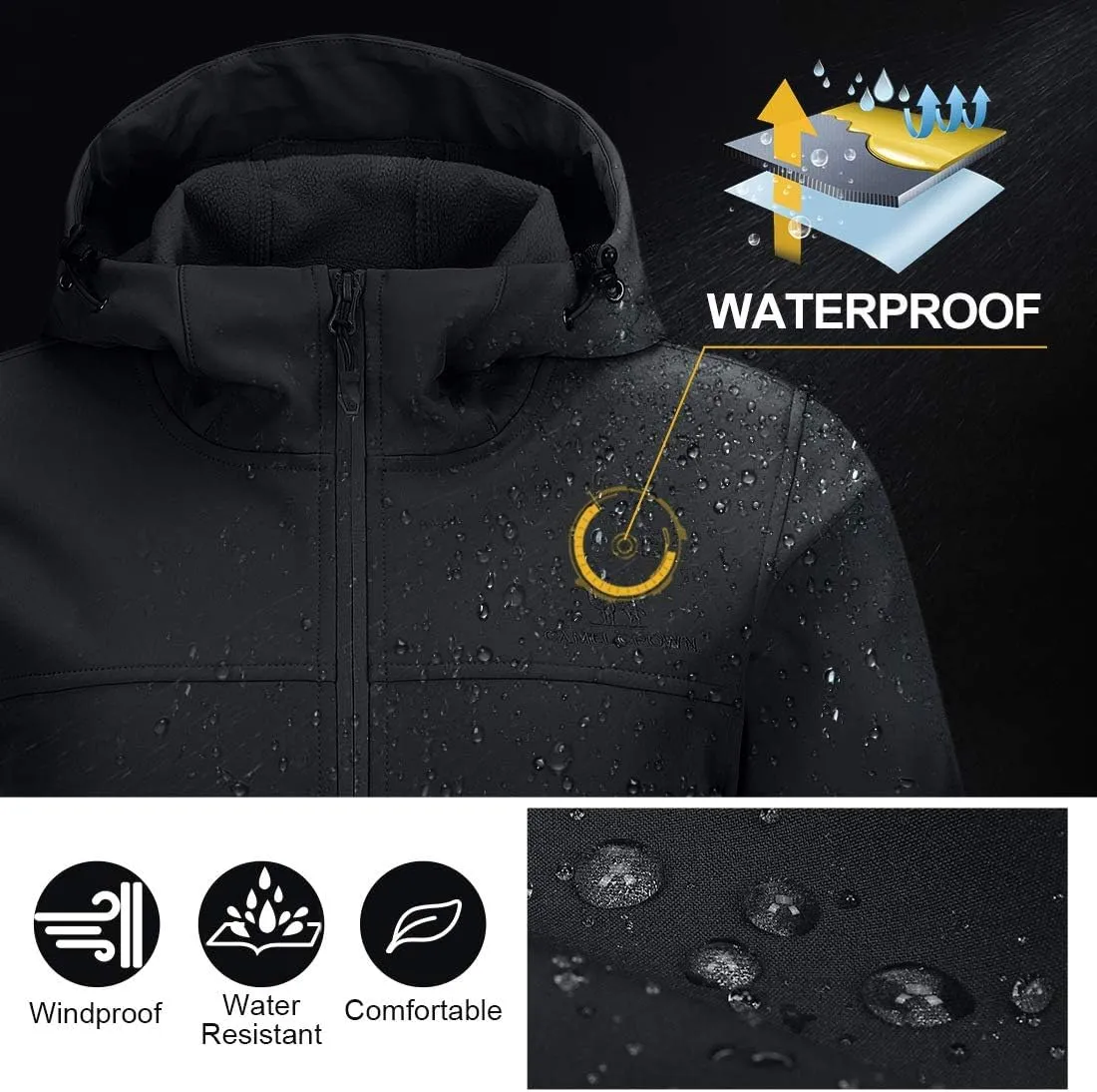 CAMEL CROWN Womens Fleece Lined Softshell Jacket Hooded Waterproof Windproof Lightweight Insulated Winbreaker Hiking Camping