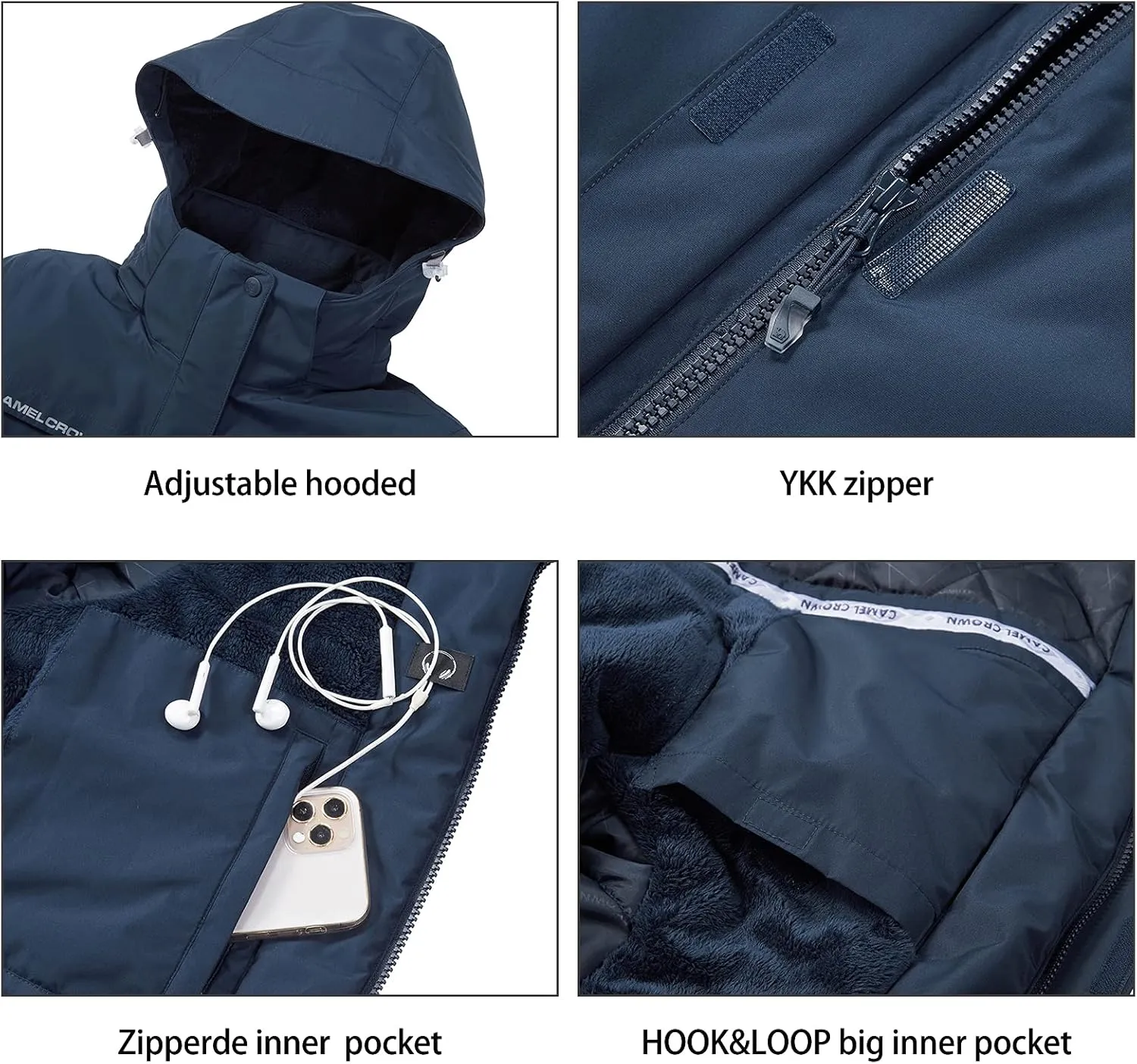 CAMEL CROWN Womens Mountain Snow Waterproof Ski Jacket Detachable Hood Windproof Fleece Parka Rain Jackt Winter Coat