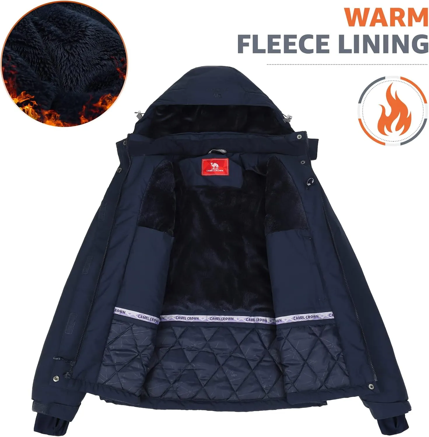 CAMEL CROWN Womens Mountain Snow Waterproof Ski Jacket Detachable Hood Windproof Fleece Parka Rain Jackt Winter Coat