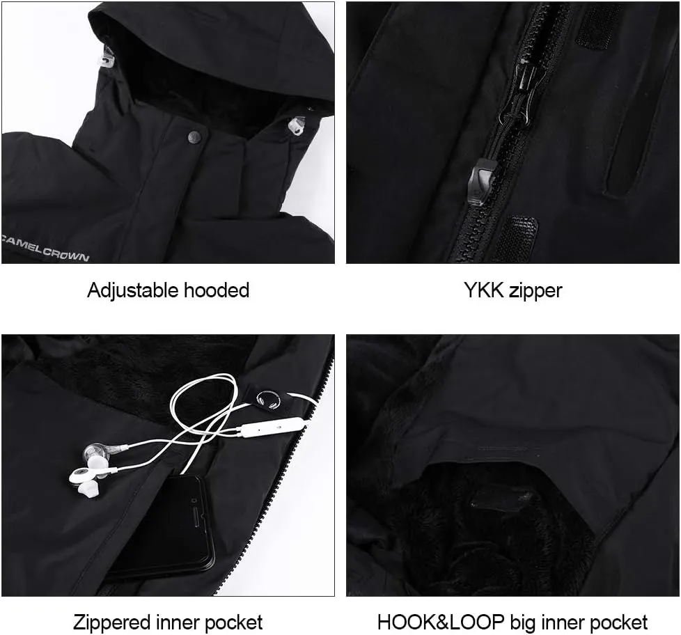 CAMEL CROWN Womens Mountain Snow Waterproof Ski Jacket Detachable Hood Windproof Fleece Parka Rain Jackt Winter Coat