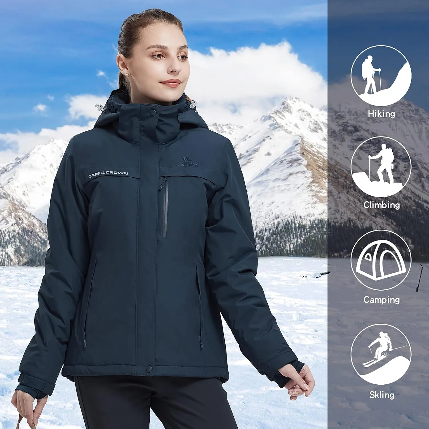 CAMEL CROWN Womens Mountain Snow Waterproof Ski Jacket Detachable Hood Windproof Fleece Parka Rain Jackt Winter Coat