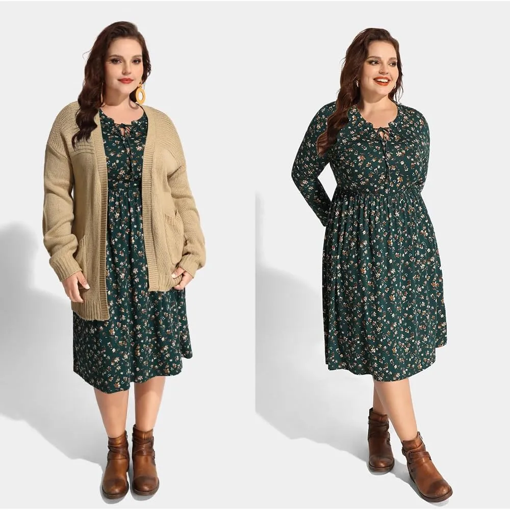 CARCOS Plus Size Dress for Women Tie V Neck Midi Dresses Long Sleeve Boho Dress Elastic High Waist Tunic Dress with Pockets