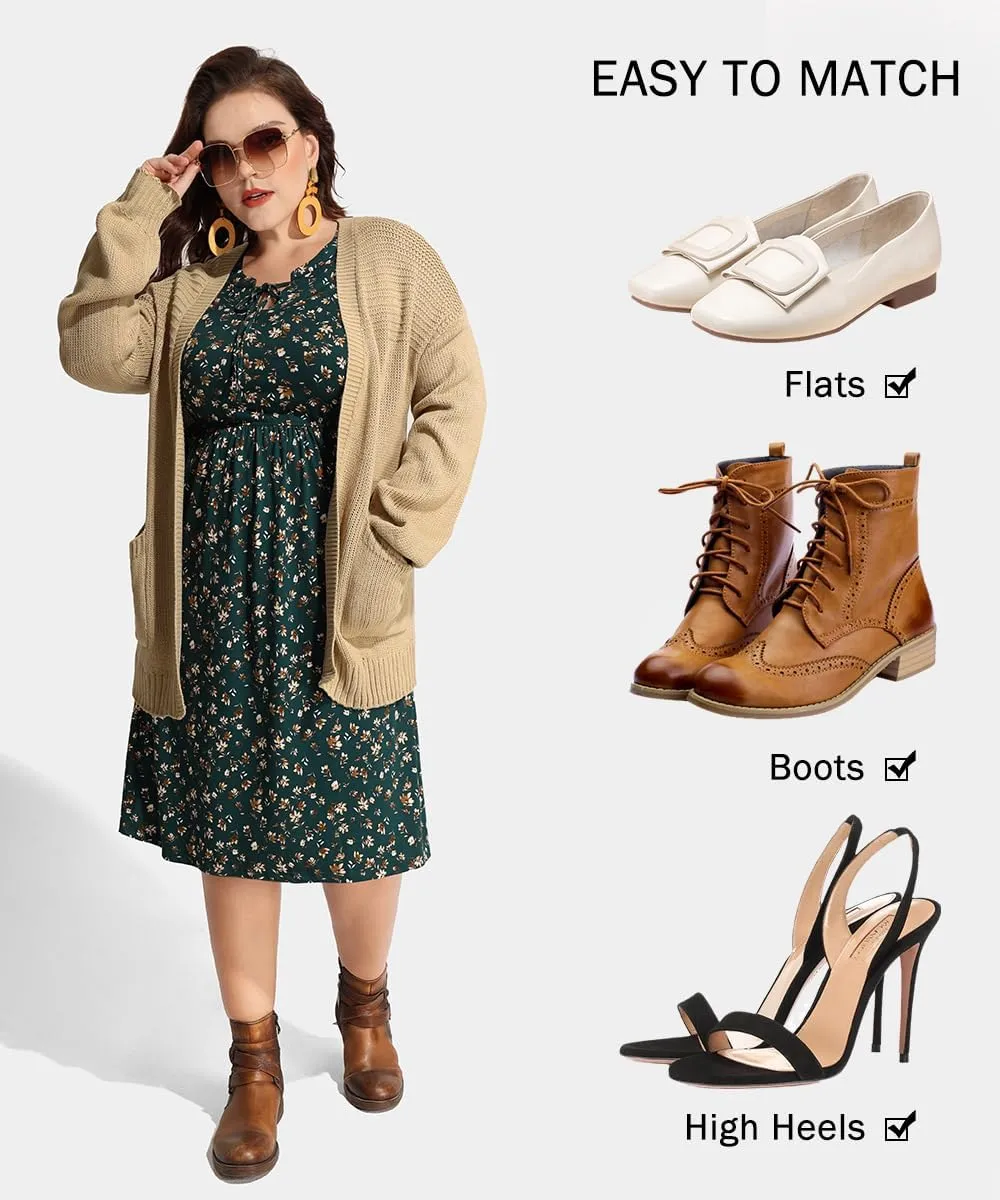 CARCOS Plus Size Dress for Women Tie V Neck Midi Dresses Long Sleeve Boho Dress Elastic High Waist Tunic Dress with Pockets