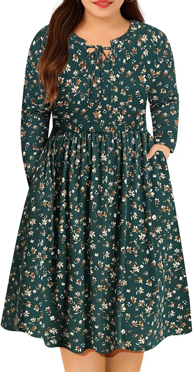 CARCOS Plus Size Dress for Women Tie V Neck Midi Dresses Long Sleeve Boho Dress Elastic High Waist Tunic Dress with Pockets