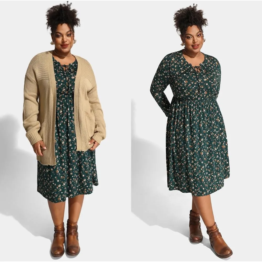 CARCOS Plus Size Dress for Women Tie V Neck Midi Dresses Long Sleeve Boho Dress Elastic High Waist Tunic Dress with Pockets