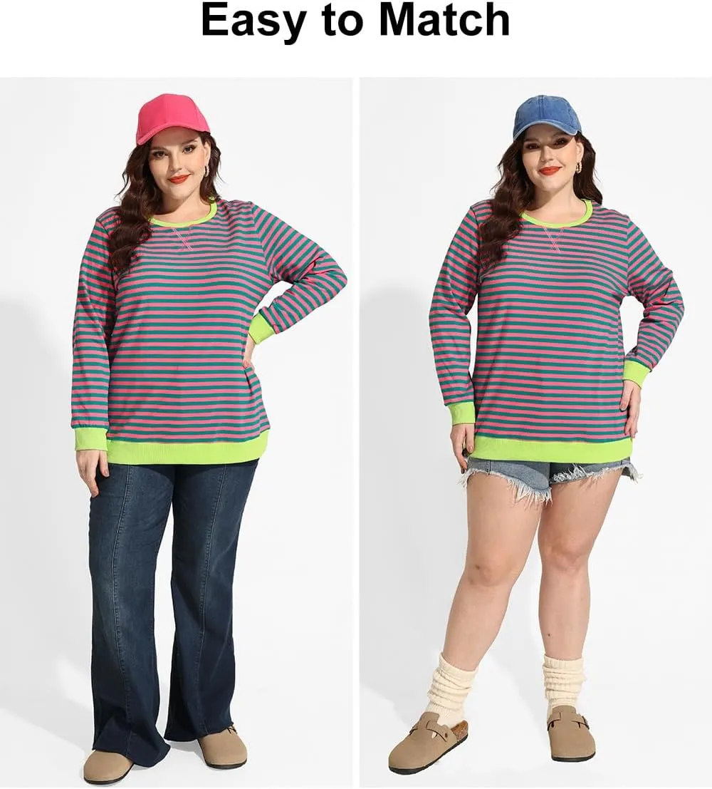 CARCOS Plus Size Tops for Women Crew Neck Striped Sweatshirt Long Sleeve Pullover Top Casual Color Block Shirts