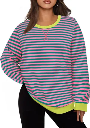 CARCOS Plus Size Tops for Women Crew Neck Striped Sweatshirt Long Sleeve Pullover Top Casual Color Block Shirts