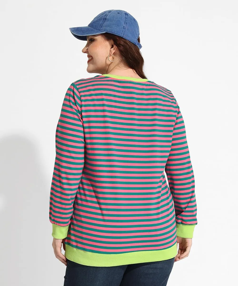 CARCOS Plus Size Tops for Women Crew Neck Striped Sweatshirt Long Sleeve Pullover Top Casual Color Block Shirts