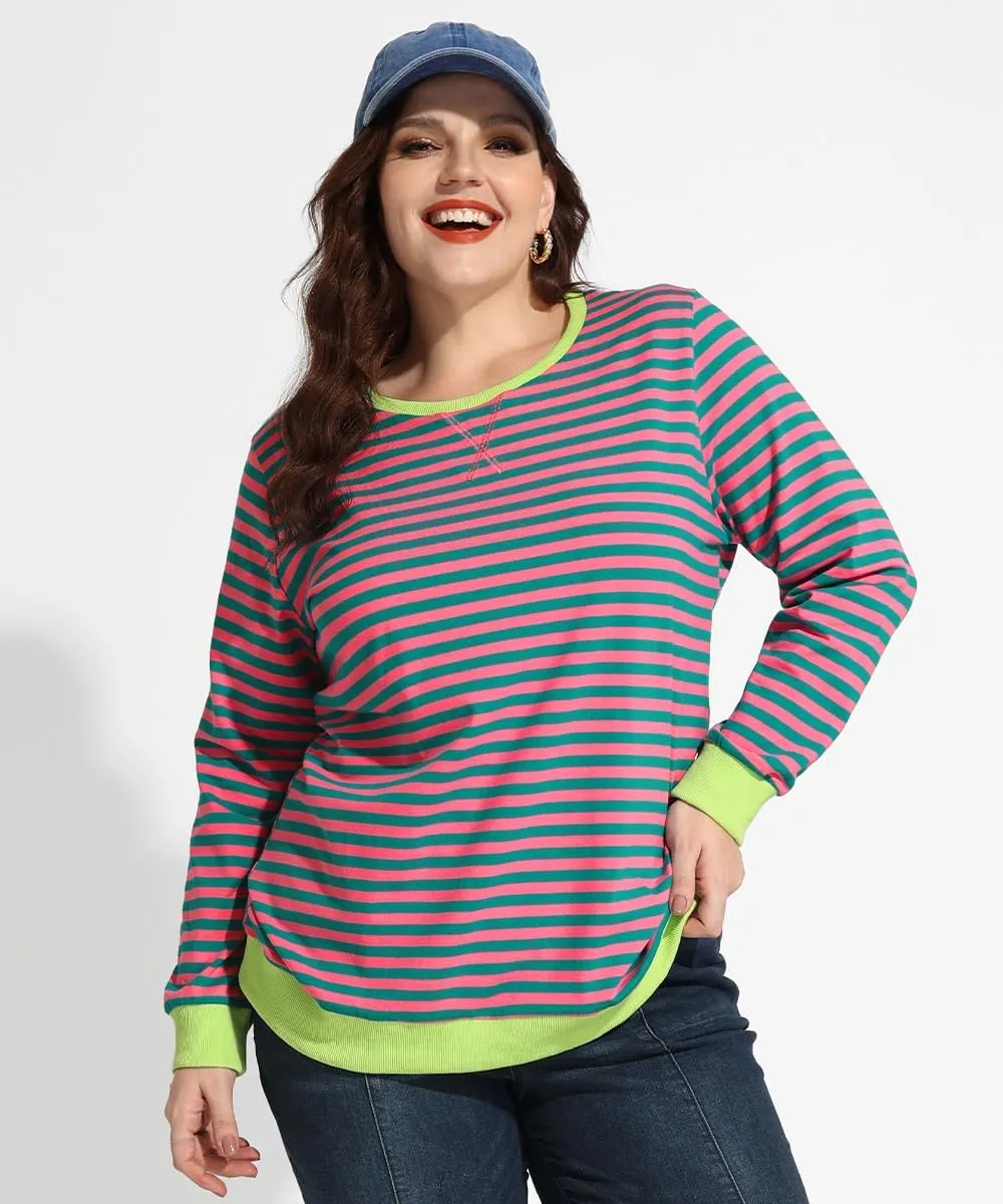 CARCOS Plus Size Tops for Women Crew Neck Striped Sweatshirt Long Sleeve Pullover Top Casual Color Block Shirts