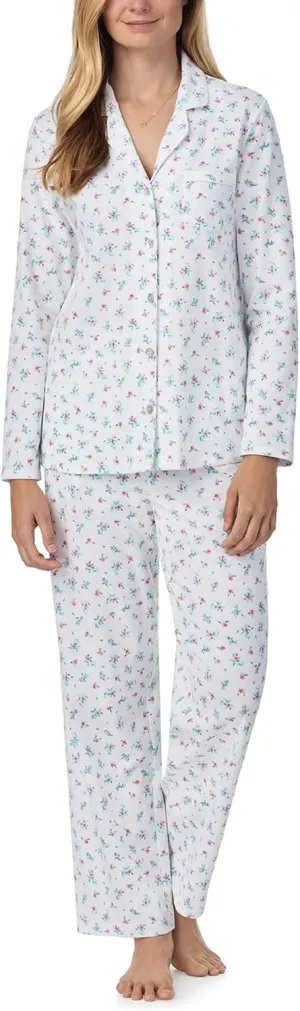 Carole Hochman Women's 2-Piece Cotton Pajama Set  Long Sleeve Notch Collar Top & Pant with Adjustable Waist, Pockets, White Mini Lily, Medium