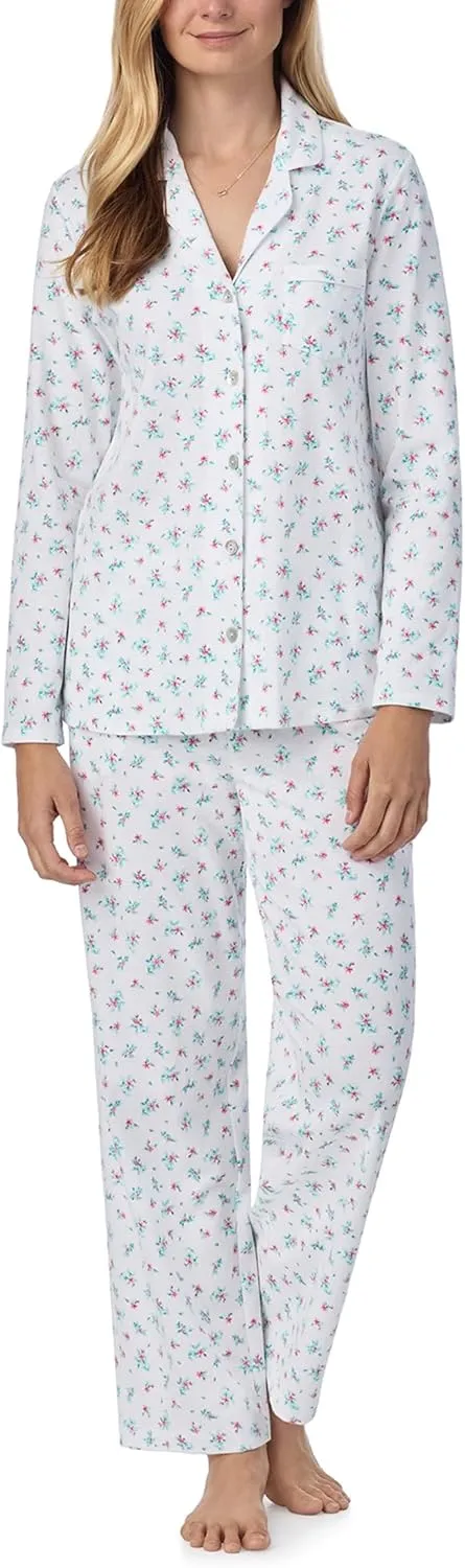 Carole Hochman Women's 2-Piece Cotton Pajama Set  Long Sleeve Notch Collar Top & Pant with Adjustable Waist, Pockets, White Mini Lily, Medium
