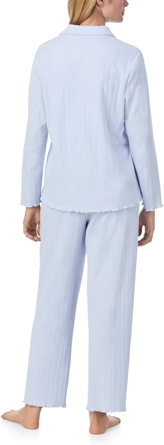 Carole Hochman Women's 2-Piece Cotton Pointelle Pajama Set, Long Sleeve Top & Pant Bottom with Adjustable Waist