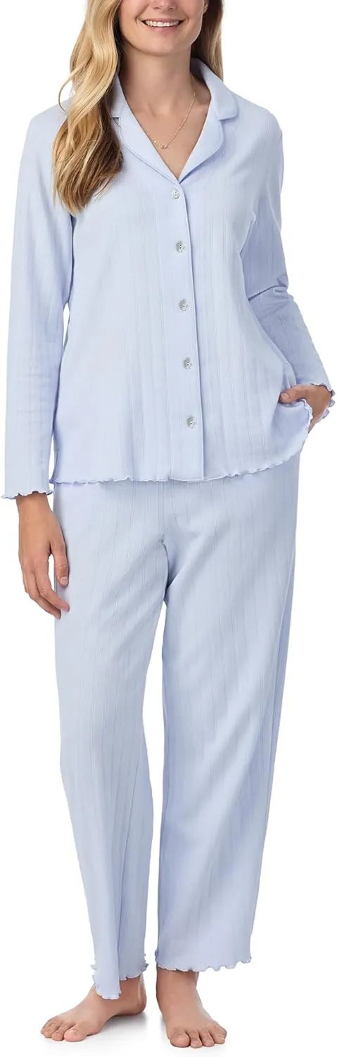 Carole Hochman Women's 2-Piece Cotton Pointelle Pajama Set, Long Sleeve Top & Pant Bottom with Adjustable Waist
