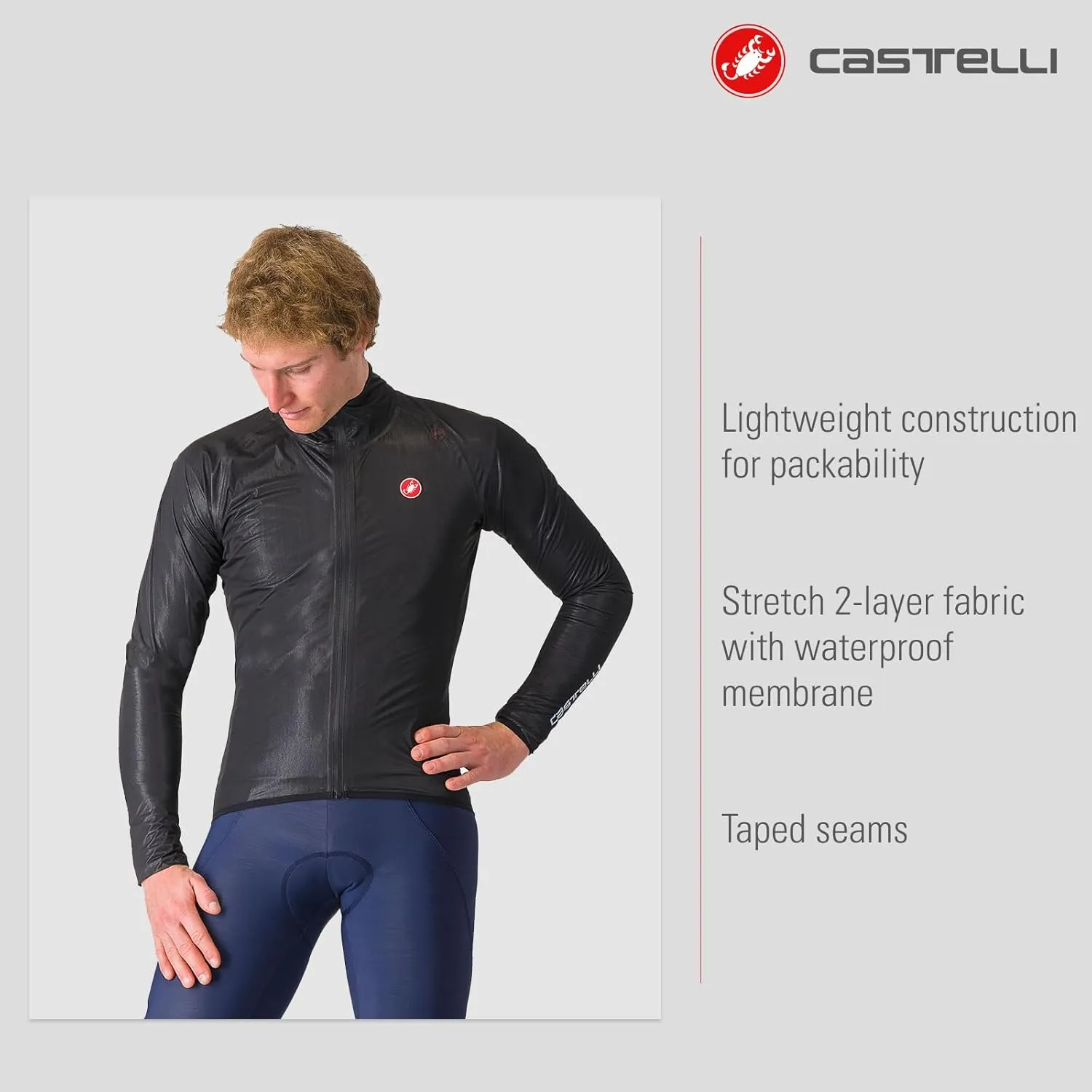 CASTELLI Mens Squall Shell Jacket, Full Waterproof, Windproof Lightweight Reflective Jacket for Road Cycling & Gravel Biking