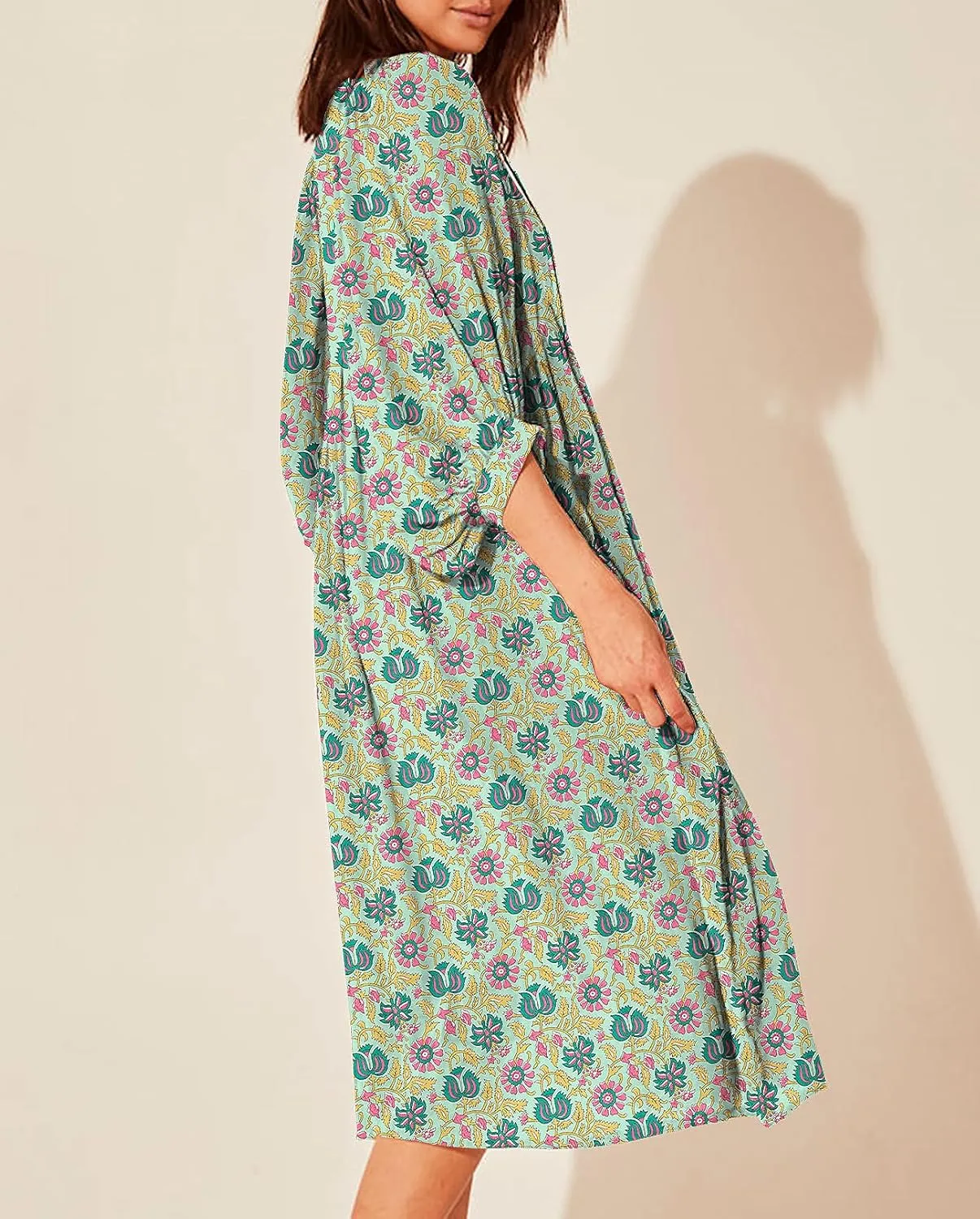 Casual Summer Dresses for Women Swing Floral Half Open Collar Boho Puff Sleeve Loose Midi Beach Dress